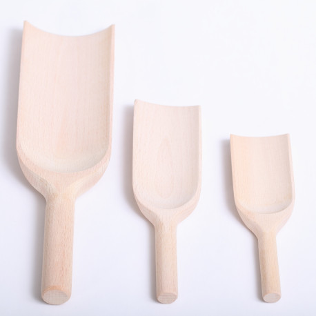 Set of three wooden grocer scoops