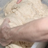 Hand on dough for the wonderful Tartine bread recipe