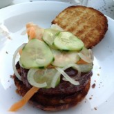 Hamburger ala Heston Blumenthal - it works - the most tasty burger ever, effortless eating plus home made pickles and bbq sauce