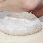 The miche is placed on a large wooden peel dusted with semolina.