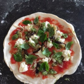 Variation on the grilled aubergines, mozzarella, parmesan and jalapeño pesto pizza