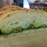 Hanaas kitchen - Veggie Danish as a faux-braid bread, filled with homemade basil-pesto (nut-free), green olives and Italian cheese.