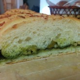 Hanaas kitchen - Veggie Danish as a faux-braid bread, filled with homemade basil-pesto (nut-free), green olives and Italian cheese.